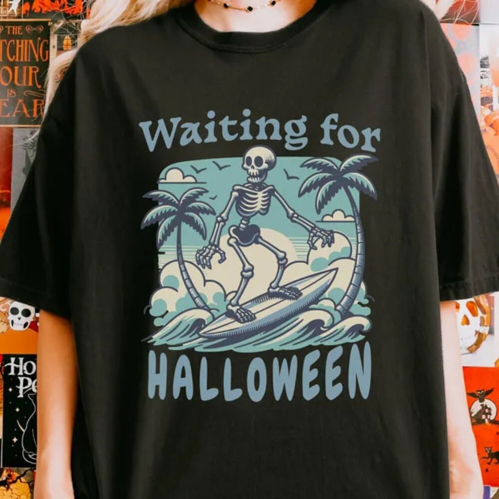 Summerween T-Shirt, Just Waiting for Halloween Shirt, Fall Season, Spooky Tee - Picture 1 of 4